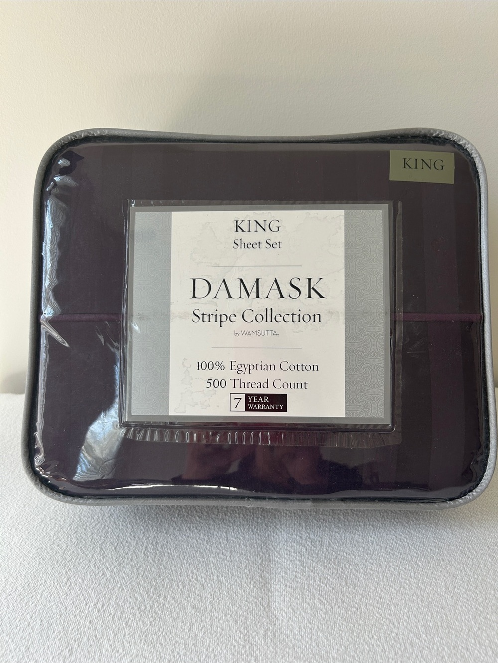 New in package. Damask Egyptian Cotton King Sheet Set. Purple. NWT